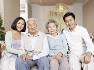 Older parents with their children sitting together on a couch